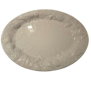 Tabletops Gallery Harvest White Embossed Oval Serving Platter Pumpkin Grape 20"